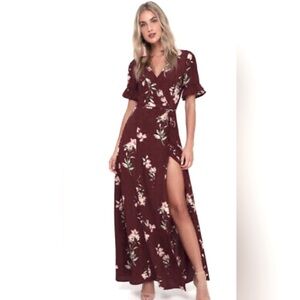 september sunsets burgundy floral print wrap maxi dress Baltic Born Womens Katinka Wrap Maxi Dress | Burgundy Multi Floral main image 1